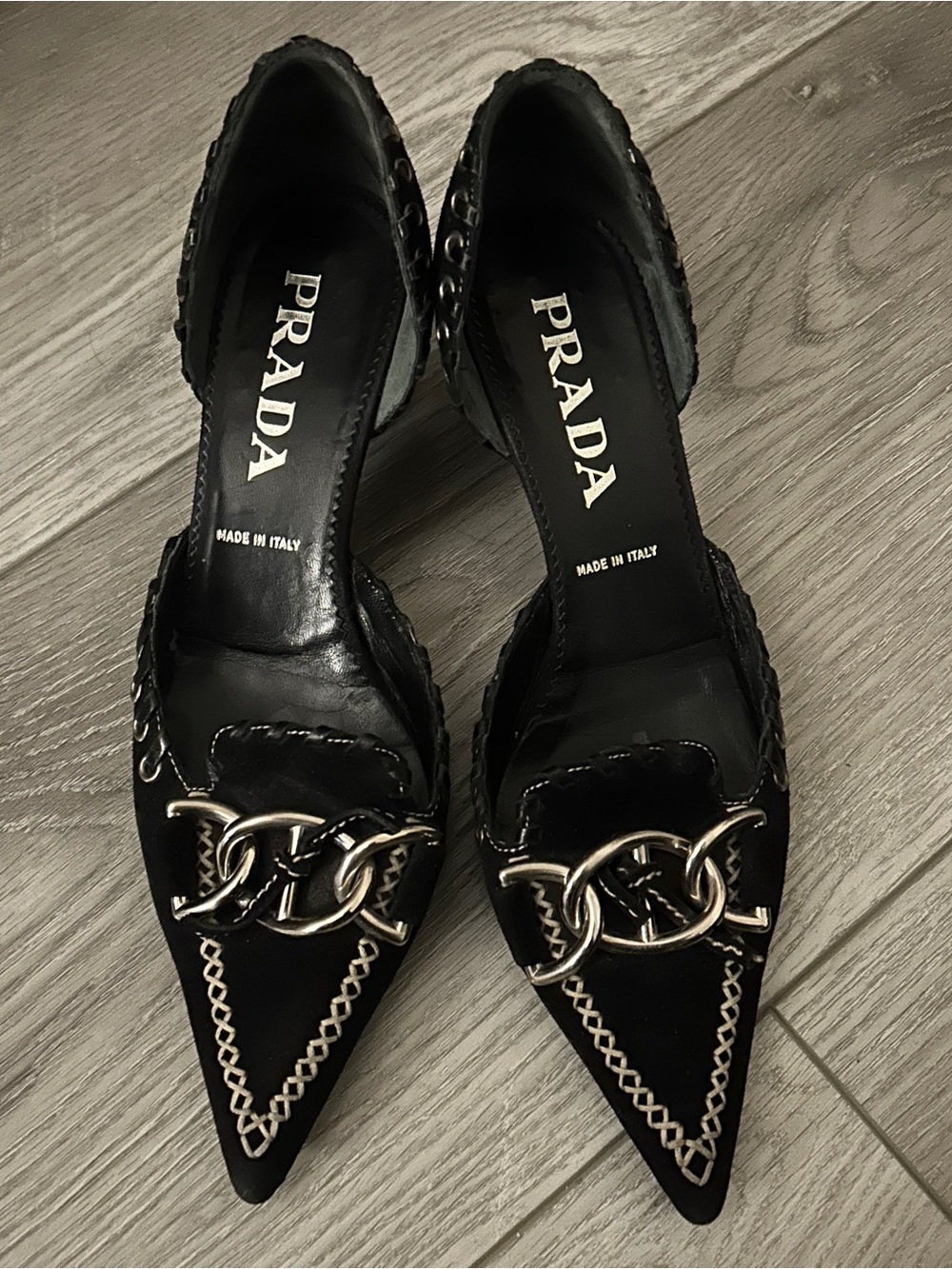 Prada Black Pointed Toe Pumps with Silver Chain Detail